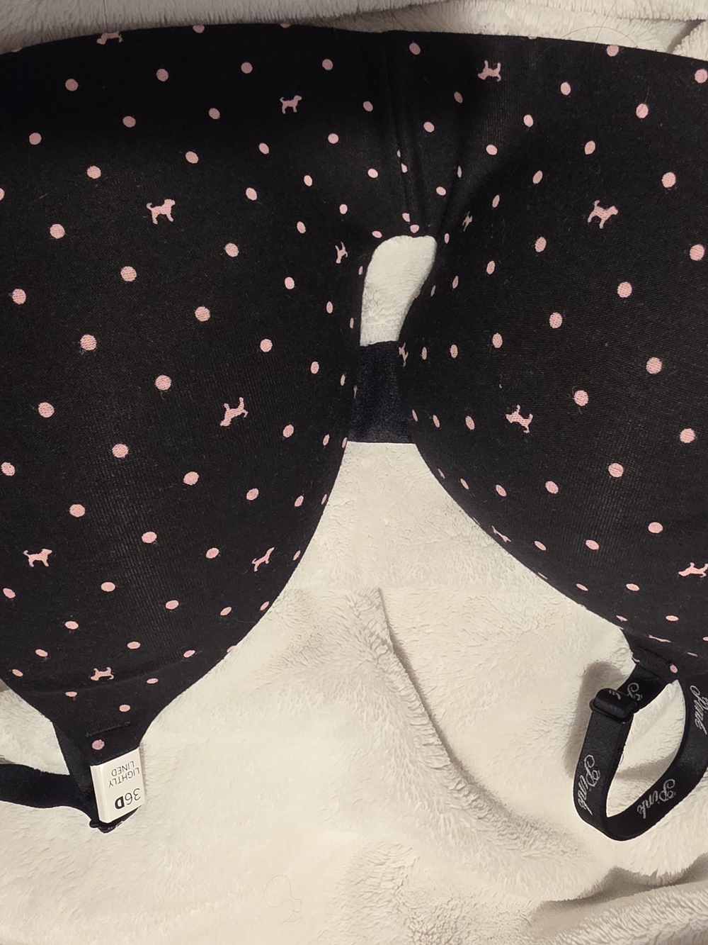 PINK Victoria's Secret Black T-Shirt Bra with Pink Polka Dots & Dog Print